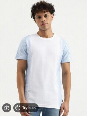 United Colors Of Benetton White Blue Ribbed Cotton Shirt M